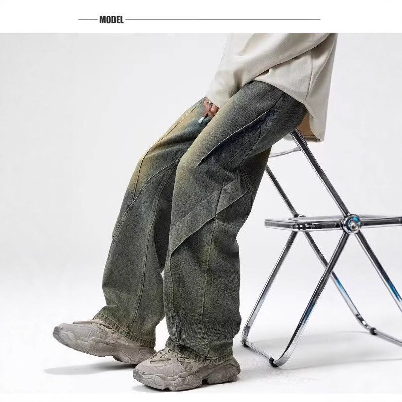 Men's Deconstructed Wide-Leg Straight Jeans Casual Denim Pants
