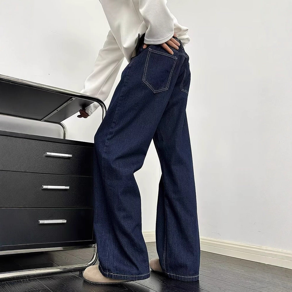 Denim Blue Men's Retro Wide-Leg Straight Jeans Casual Denim Trousers