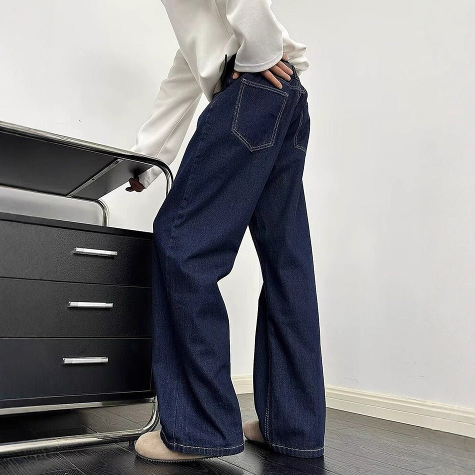 Denim Blue Men's Retro Wide-Leg Straight Jeans Casual Denim Trousers