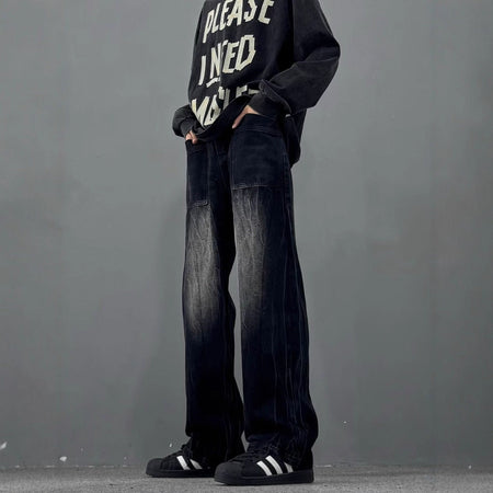 Men's Black Wide-Leg Straight Jeans Cleanfit Streetwear Pants