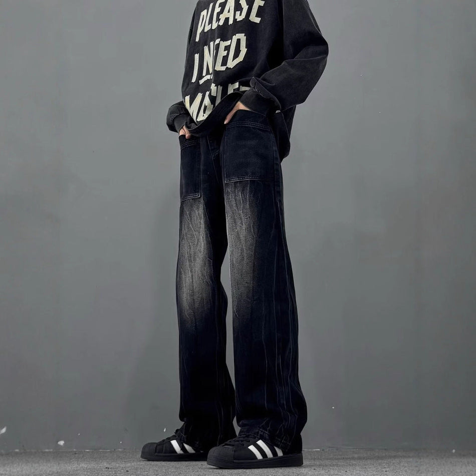 Men's Black Wide-Leg Straight Jeans Cleanfit Streetwear Pants