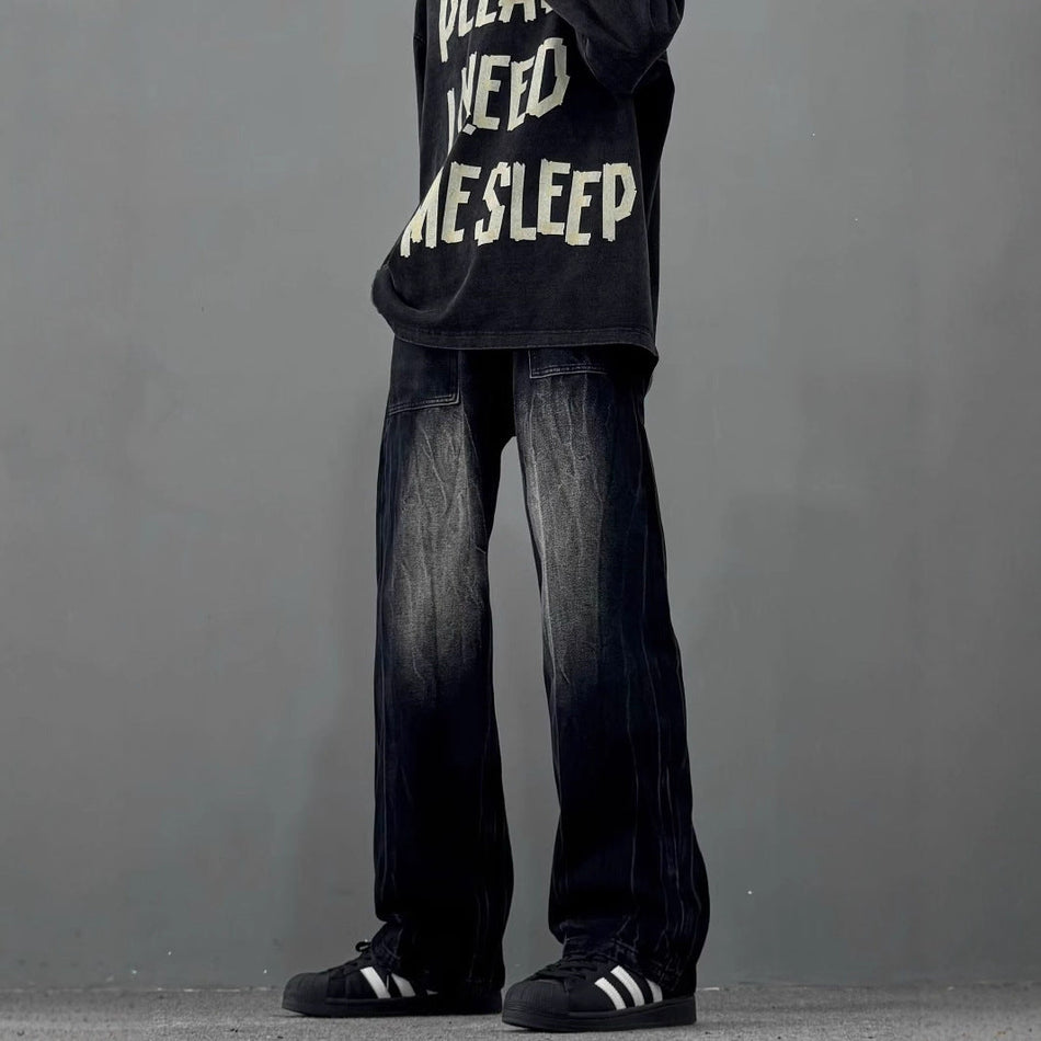 Men's Black Wide-Leg Straight Jeans Cleanfit Streetwear Pants