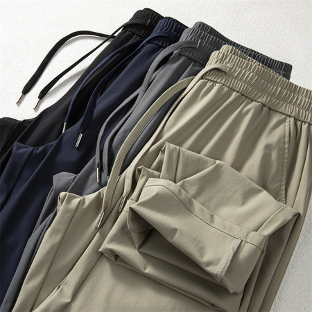 Black Men's Ice Silk Stretch Casual Pants Elastic Waist Straight Fit