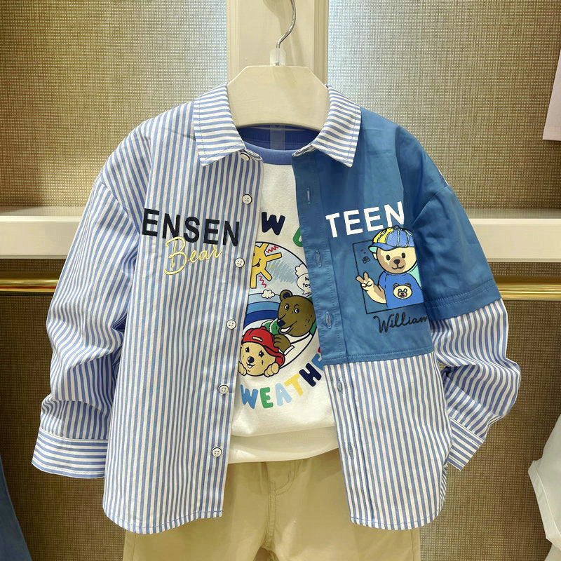 Bear Cartoon Striped Lapel Shirt Jacket for Boys