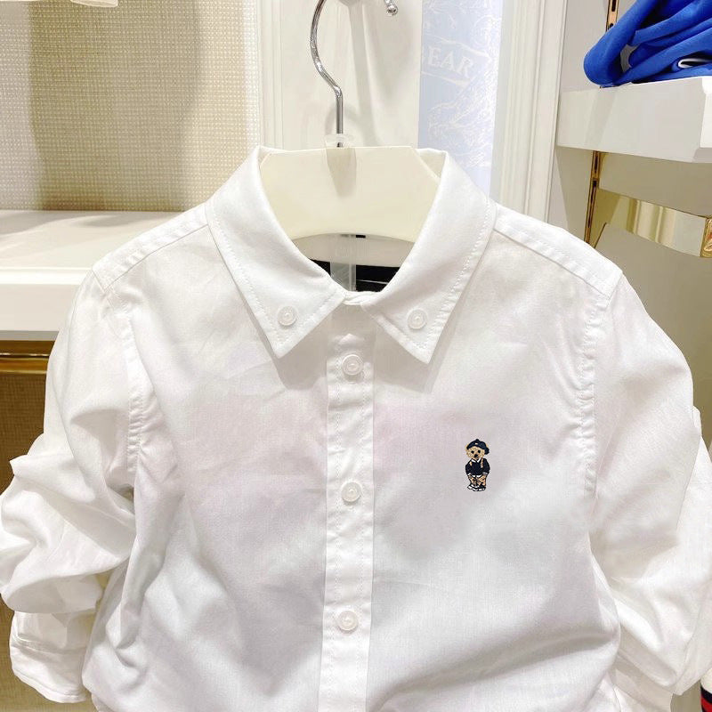 Boys Korean Style Bear Embroidered White Long Sleeve Shirt