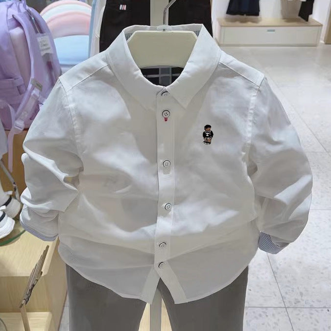 Boys Striped Cartoon Long Sleeve White Shirt for Spring Autumn