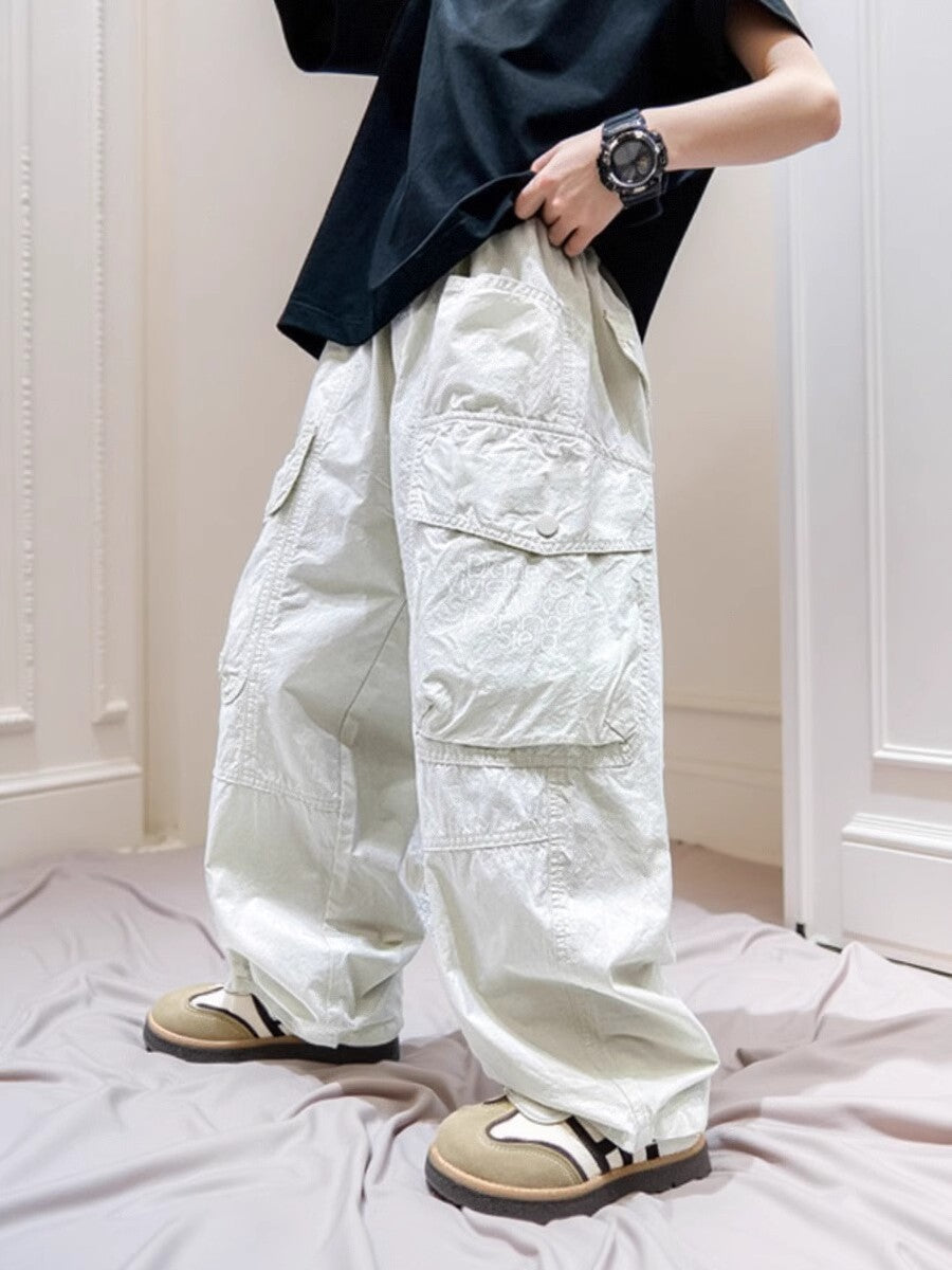 Boys Wide Leg Cargo Pants Lightweight Casual Straight Trousers