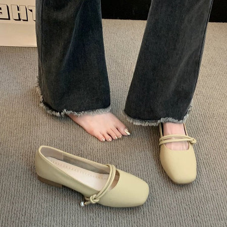 Khaki color Women's French-Inspired Mary Jane Flats with Shallow Vamp