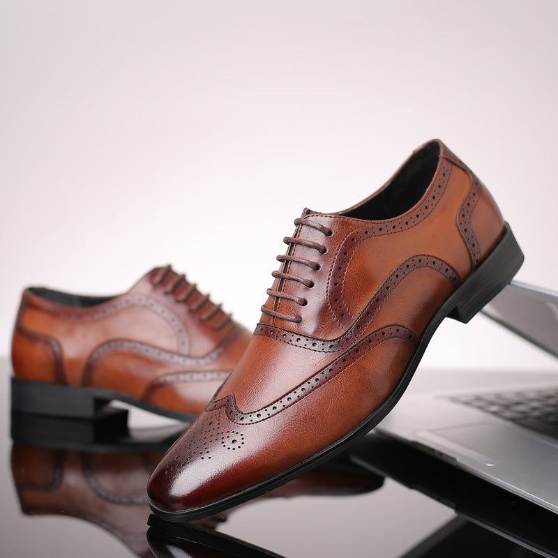 Men's Brogue Business Leather Shoes Square Toe Lace-Up Oxfords