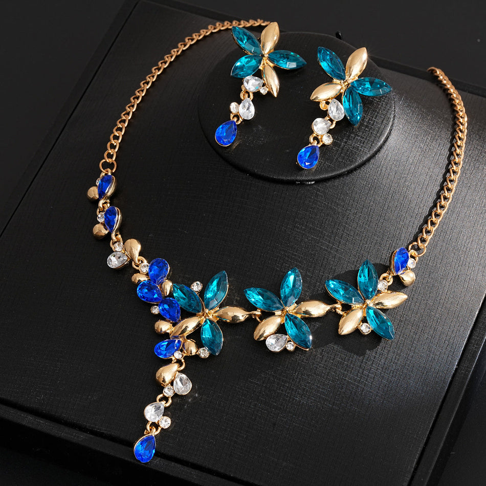 Diamond Flower Tassel Necklace and Earrings Jewelry Set