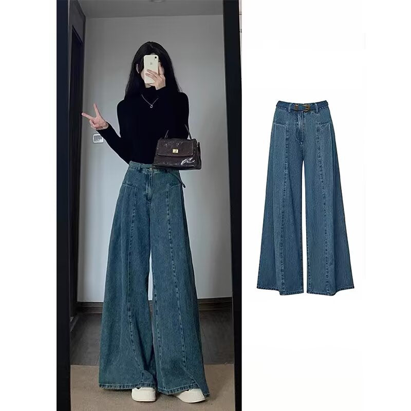 Blue Women's High-Waisted Wide-Leg A-Line Denim Jeans
