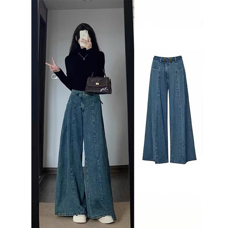 Blue Women's High-Waisted Wide-Leg A-Line Denim Jeans