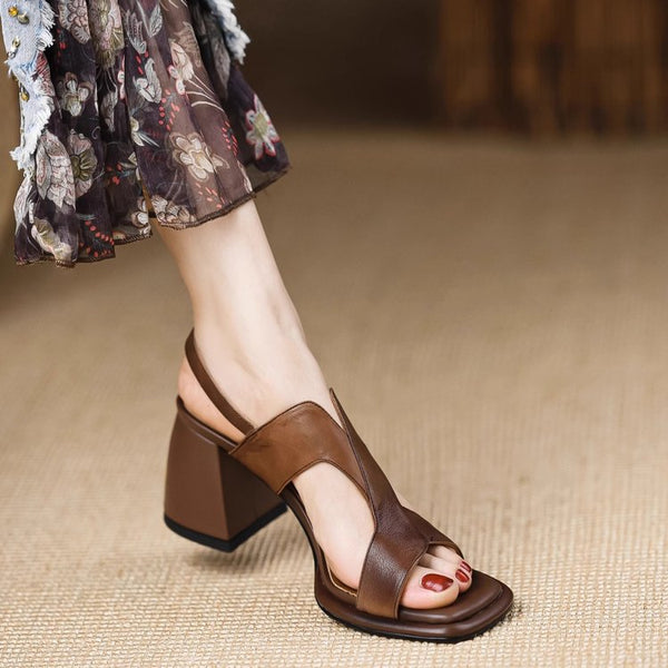 Khaki Women's Retro Open-Toe Buckle Sandals with Block Heel