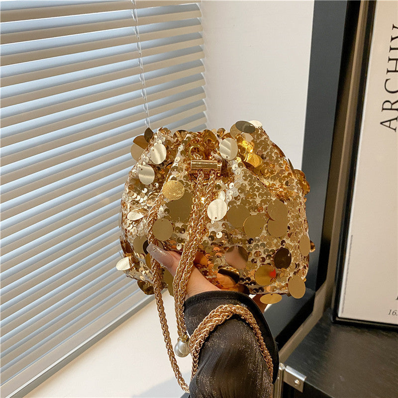 Gold Sequin Chain Bucket Bag Elegant Shoulder and Crossbody Bag