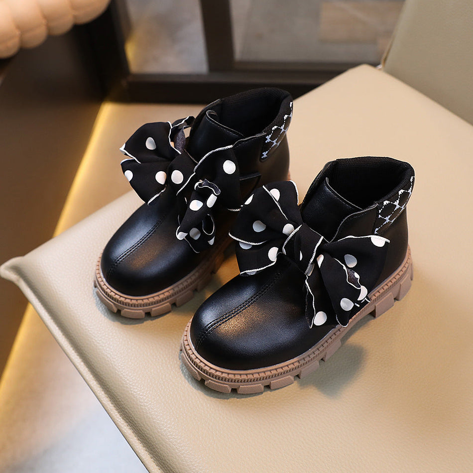 Girls Bow Martin Boots with Velcro Closure and Lightweight Sole