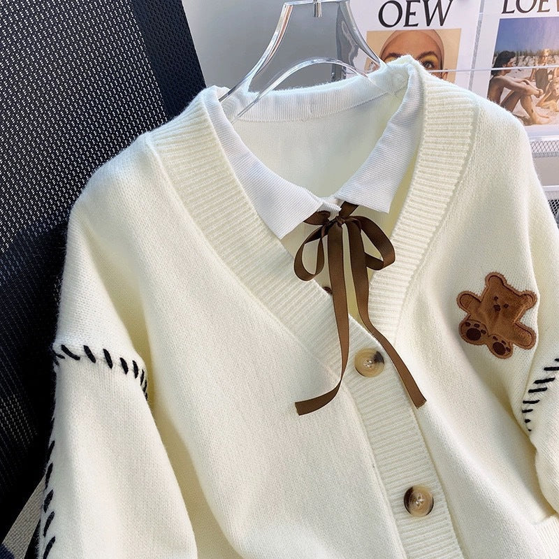 Women's Bear Knit Cardigan Sweater with Flap Pockets