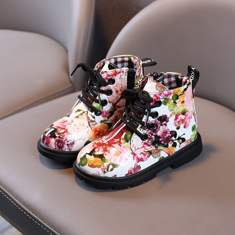 Kids Floral Patent Leather Martin Boots with Side Zip Closure