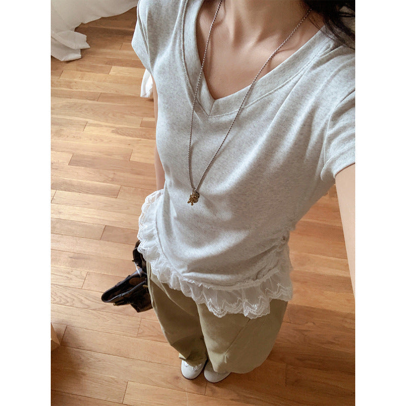 White flower ash [high quality] Women's Cotton Blend V-Neck Lace Waist Pleated T-Shirt
