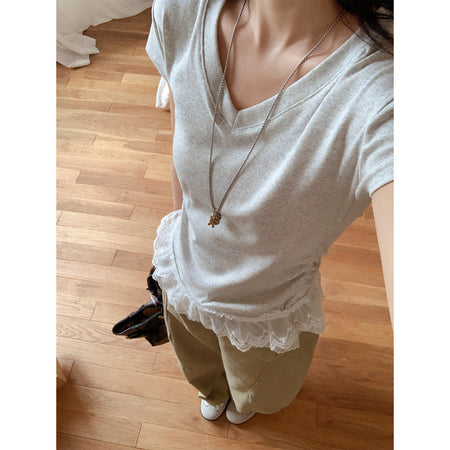 White flower ash [high quality] Women's Cotton Blend V-Neck Lace Waist Pleated T-Shirt