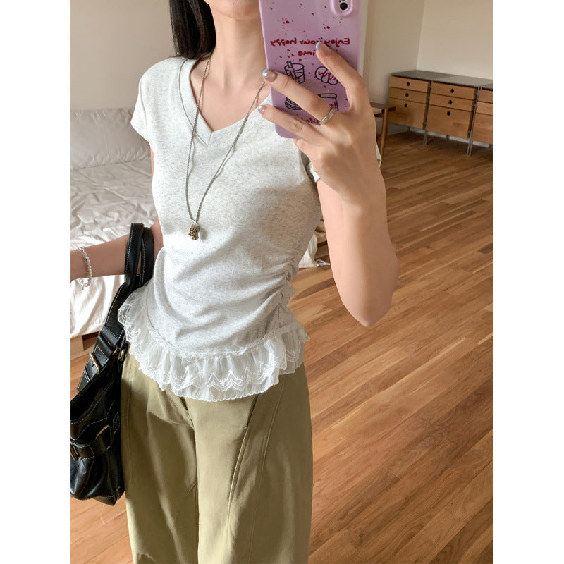 Women's Cotton Blend V-Neck Lace Waist Pleated T-Shirt