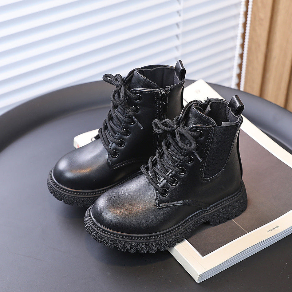 Kids British Style Martin Boots with Side Zip and Lace Design