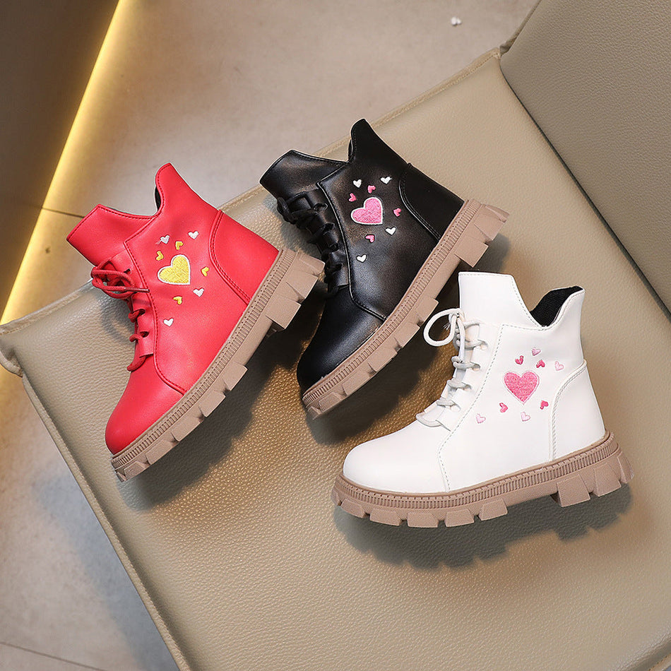 Girls British Style Martin Boots with Heart Detail and Side Zip