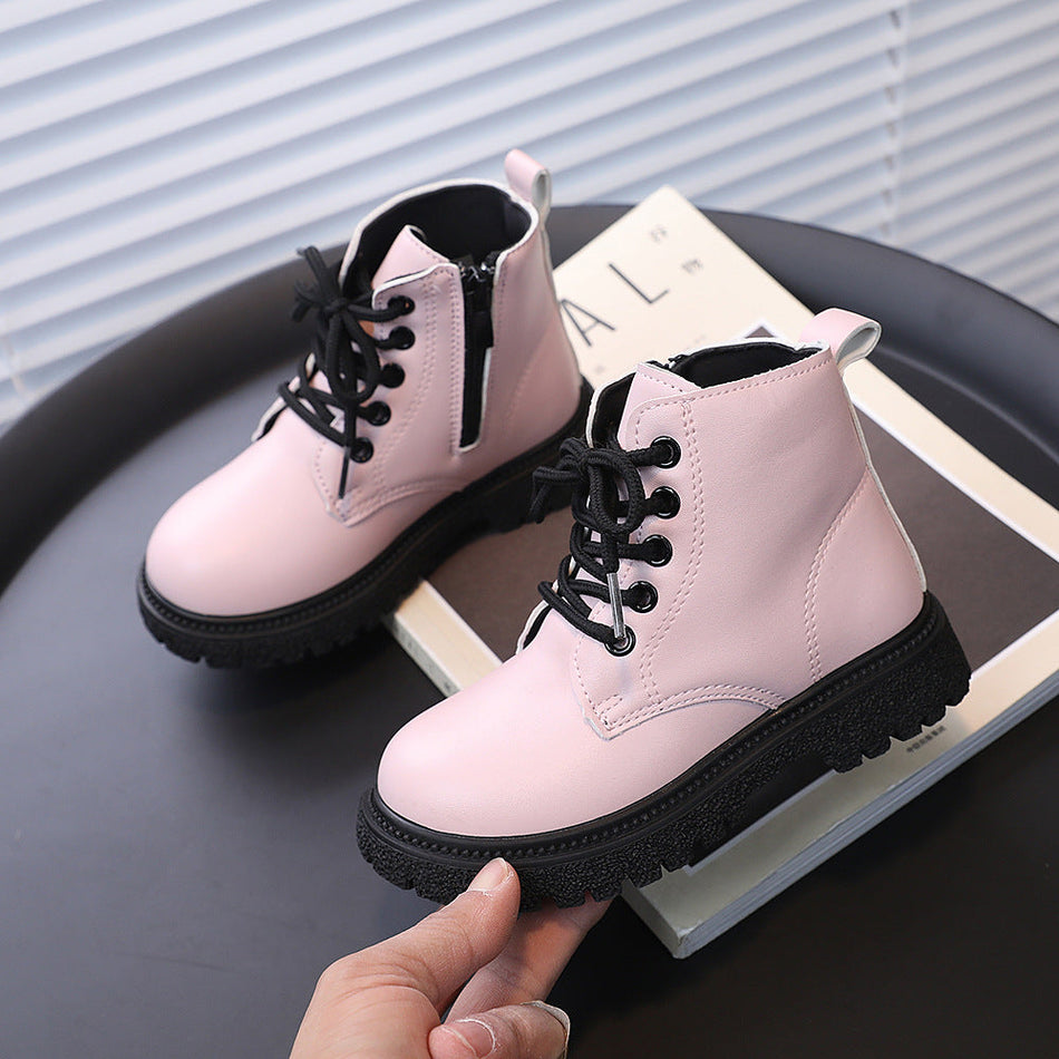 Kids Korean Style Martin Boots with Side Zip and Lace Detail