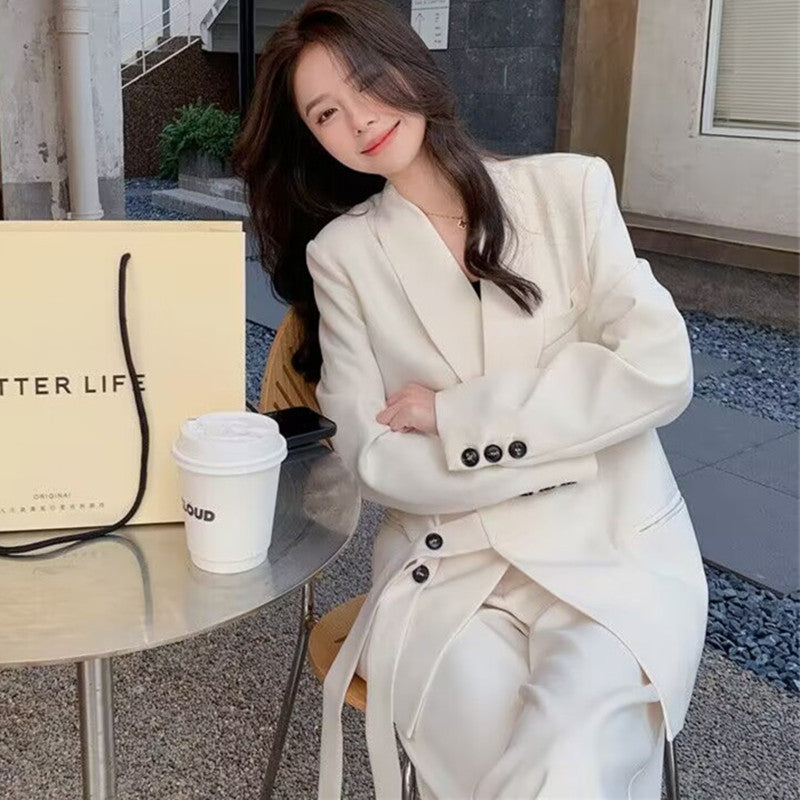 Women's Strap Blazer and Wide-Leg Pants Two-Piece Suit