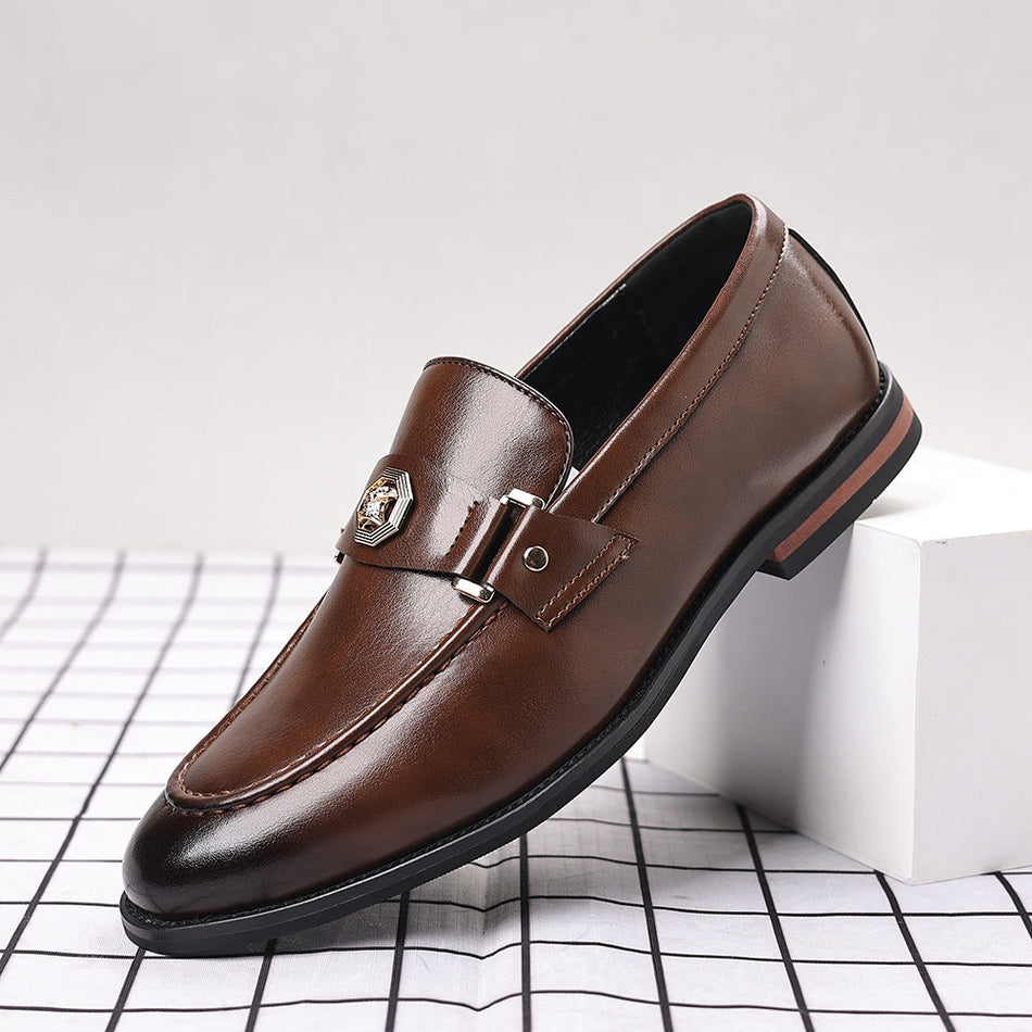 Men's Metal Buckle Loafers Casual Slip-On Leather Shoes