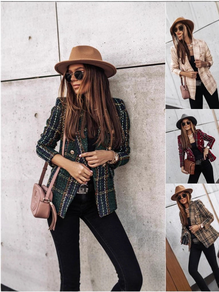 Women's Printed Double-Breasted Suit Collar Long Sleeve Jacket