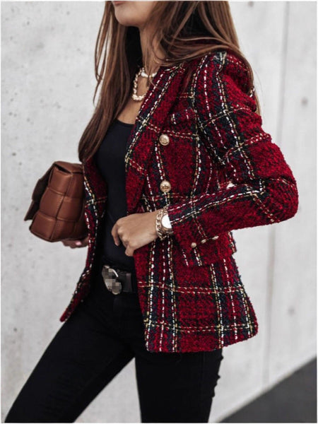 Wine red Women's Printed Double-Breasted Suit Collar Long Sleeve Jacket