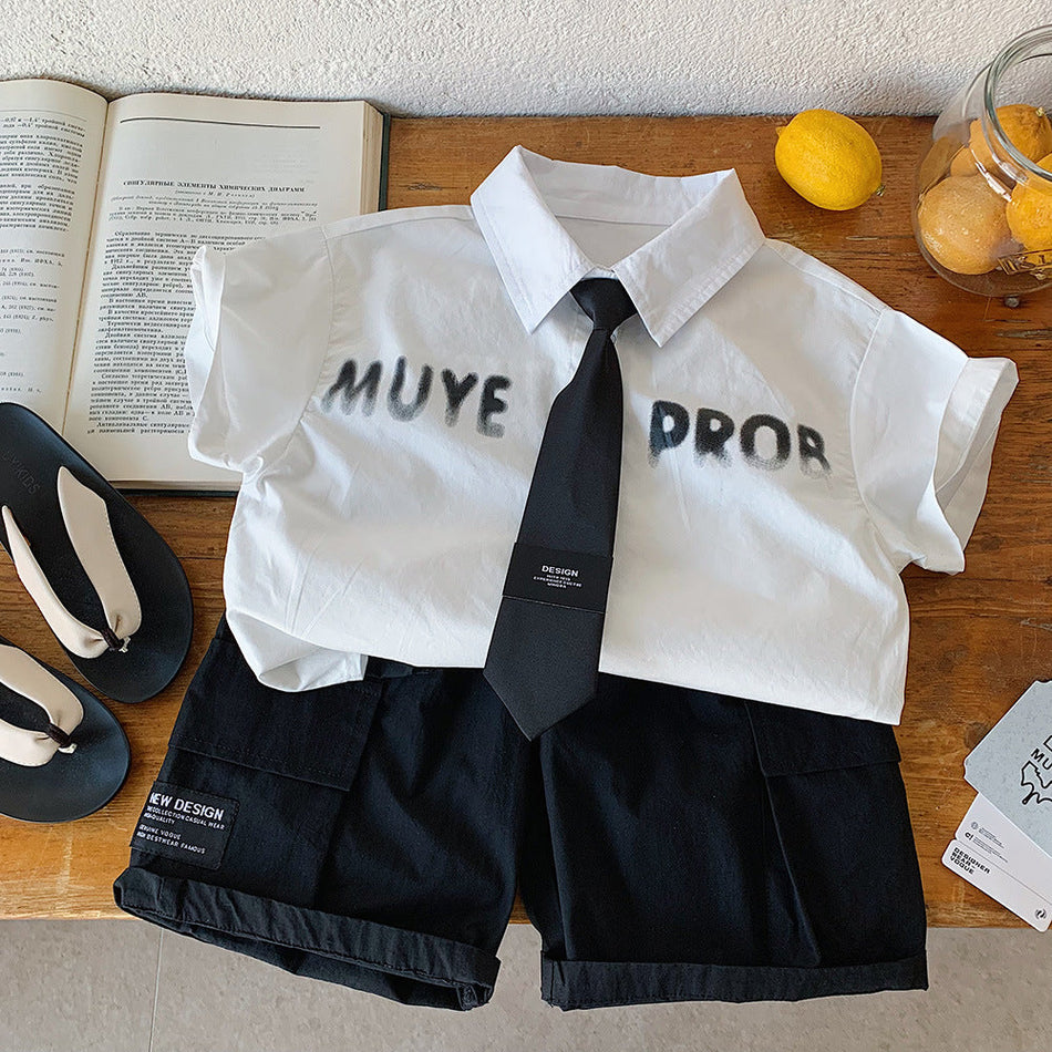 Kids Cotton Lapel Shirt T-Shirt with Tie Accent