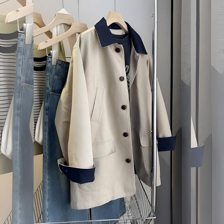 Light khaki Women's Washed Cotton Trench Coat Mid-Length Jacket