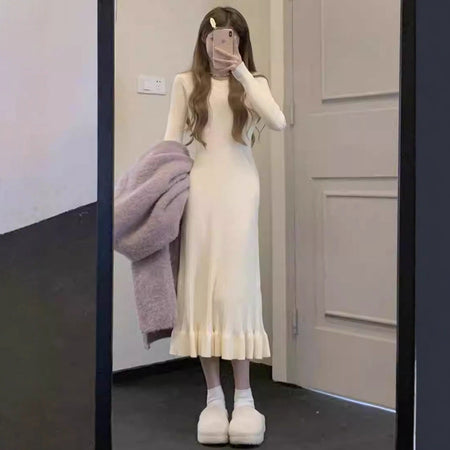 Apricot Women's Slim Fit Knit Sweater Dress with Fishtail Hem