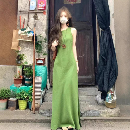 Green skirt Women's French-Inspired Sleeveless Green Maxi Dress
