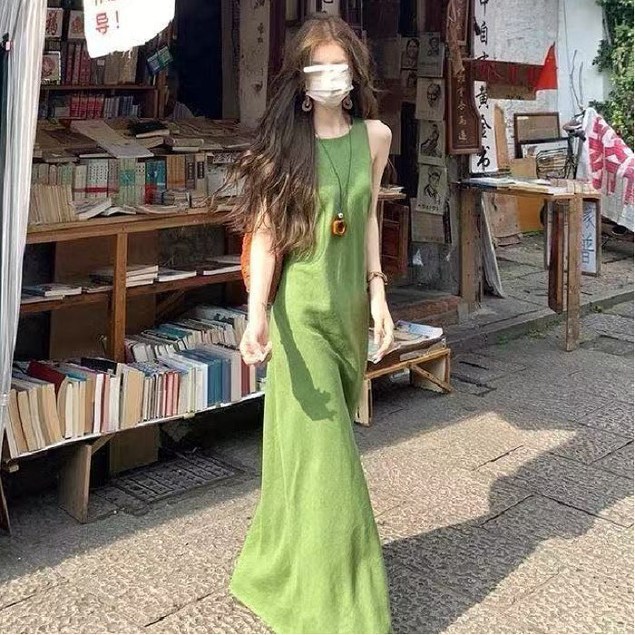 Women's French-Inspired Sleeveless Green Maxi Dress