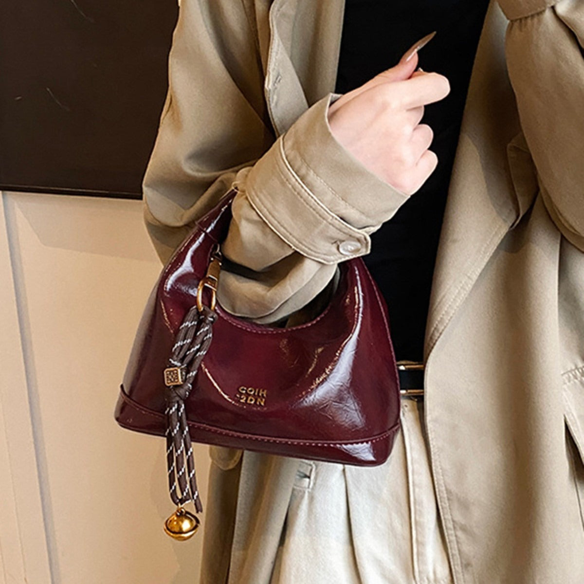 Wine red Women's Vintage Glossy Baguette Shoulder Bag with Wax Texture
