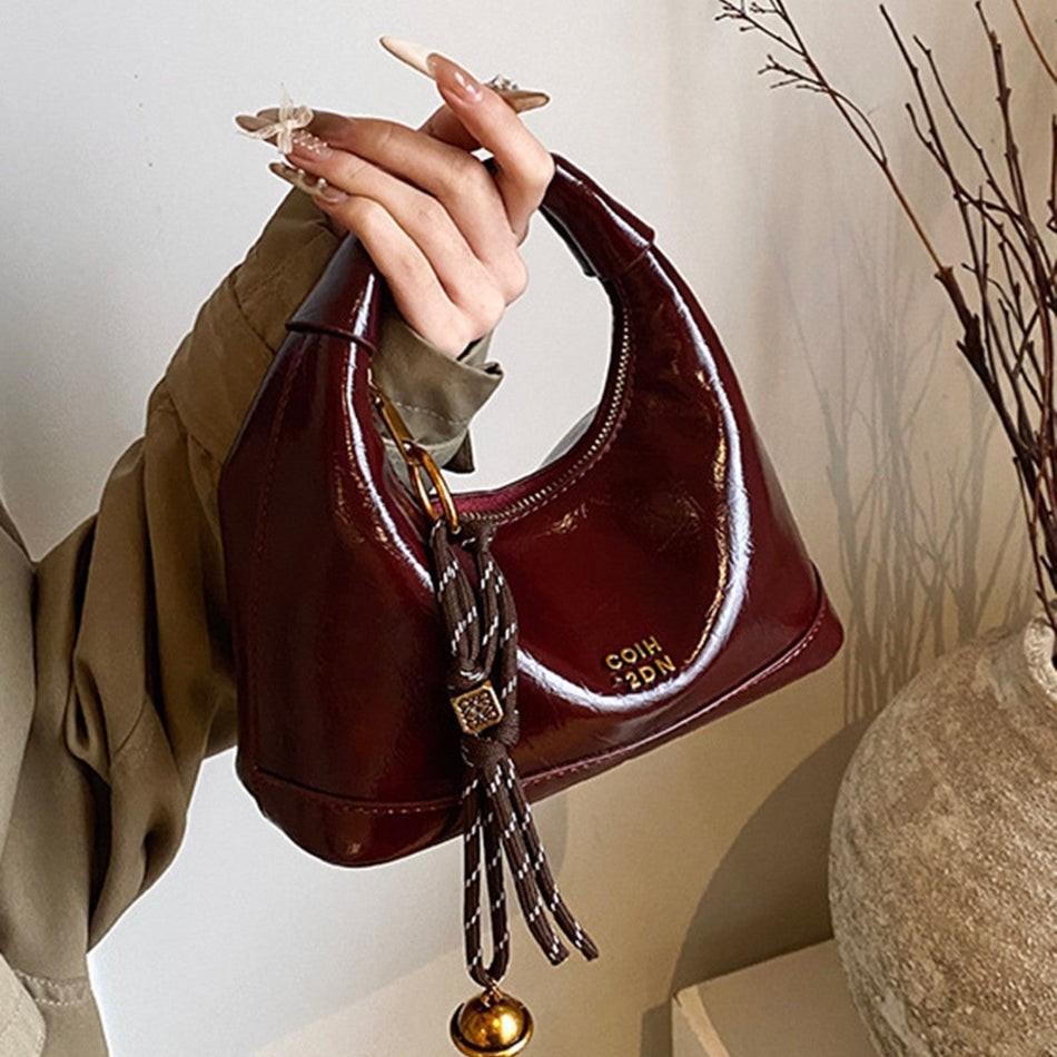 Women's Vintage Glossy Baguette Shoulder Bag with Wax Texture
