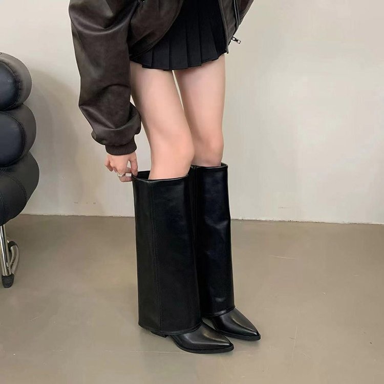 black Women's Pointed Toe Chunky Heel Knee-High Boots