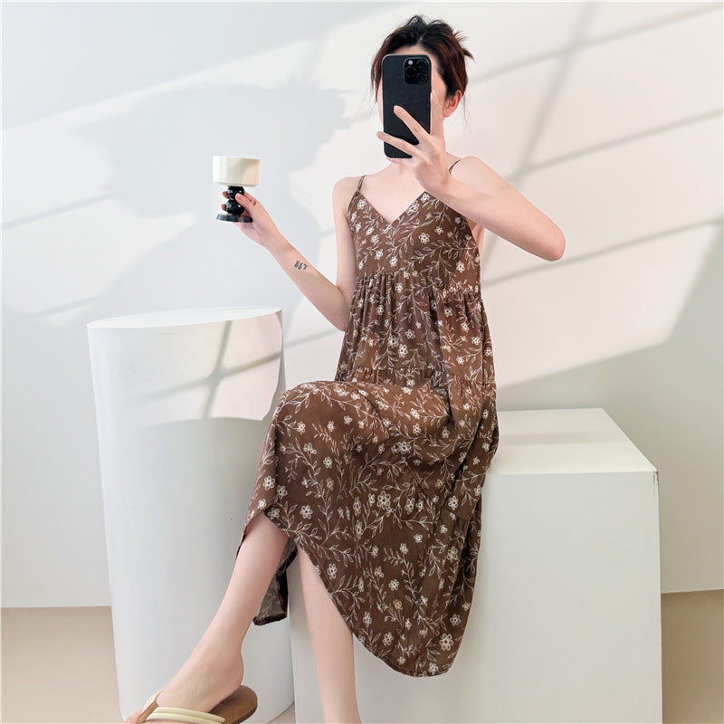 Women's Cotton Silk Lace Strap Nightgown Sleep Dress