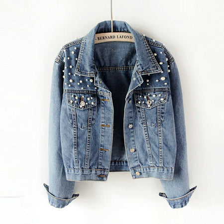 Black Women's Plus Size Loose Denim Jacket with Beaded Diamond Detail
