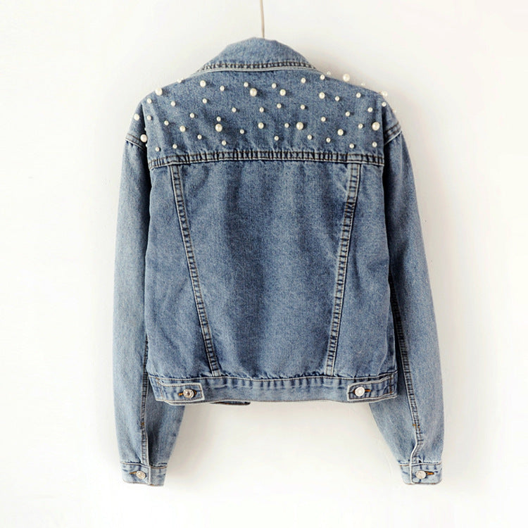 Women's Plus Size Loose Denim Jacket with Beaded Diamond Detail