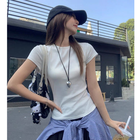 Black Women's Slim Fit White Short Sleeve Basic T-Shirt Top