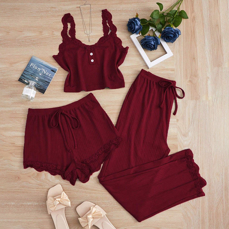 Burgundy Women's Lace Camisole Pajama Three-Piece Lounge Set