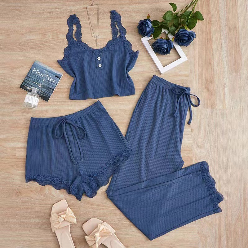 Women's Lace Camisole Pajama Three-Piece Lounge Set