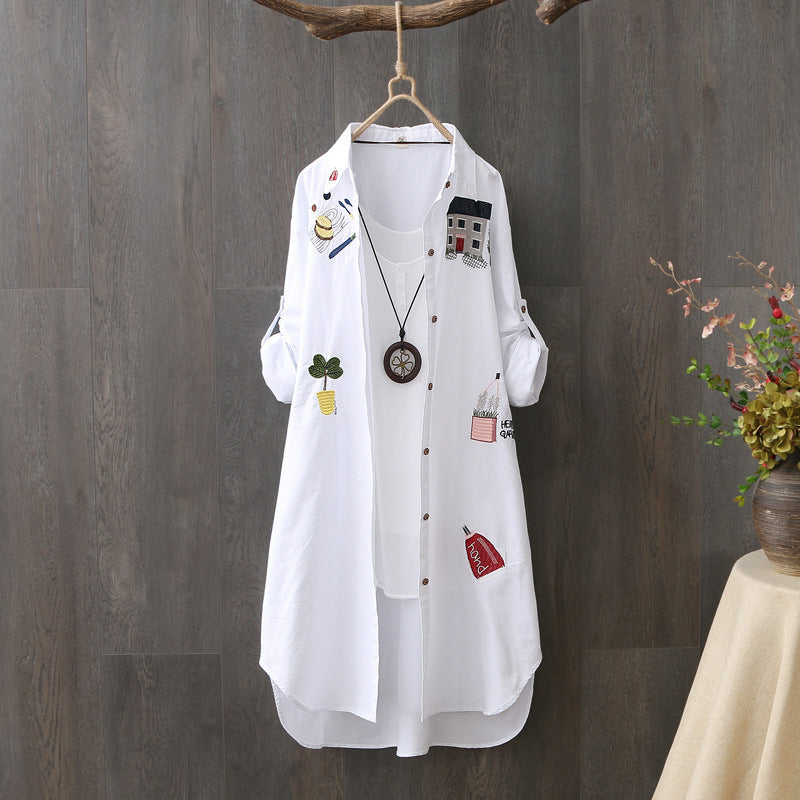 White Women's Embroidered Cotton Mid-Length Sun Protection Shirt