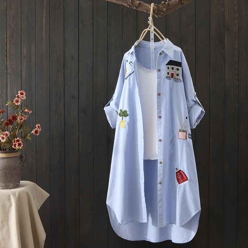 Women's Embroidered Cotton Mid-Length Sun Protection Shirt