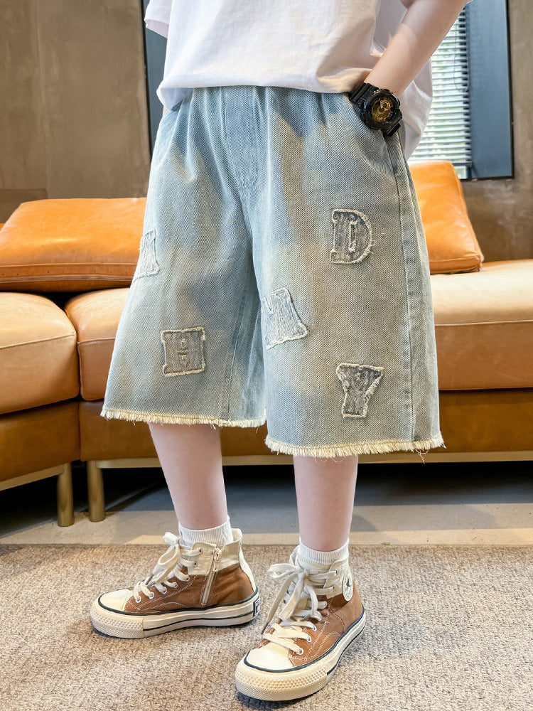 Boys Cotton Denim Summer Mid-Length Casual Stretch Pants