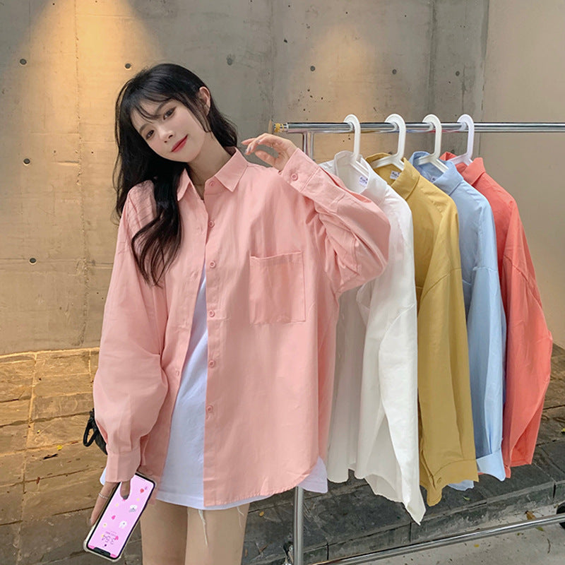 Women's Loose Fit Pink Long Sleeve Shirt Casual Versatile Top