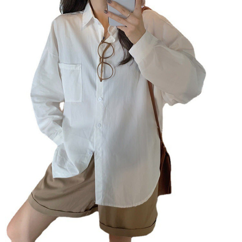 White Women's Loose Fit Pink Long Sleeve Shirt Casual Versatile Top